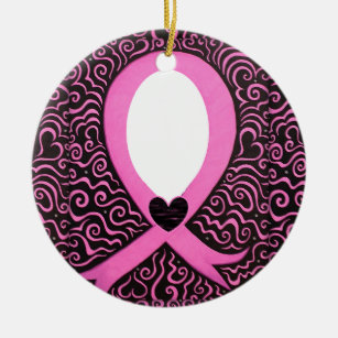 乳癌のピンクのリボンフレームはイメージか文字を加えます セラミックオーナメント