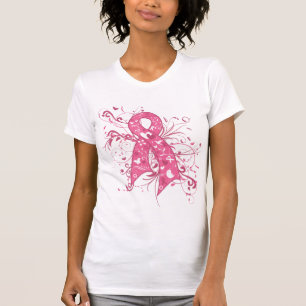 乳癌のピンクの花のリボンの渦巻 Tシャツ