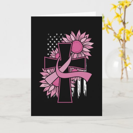 乳癌ひまわりピンクのリボン交差信仰 カード (黄色い花)