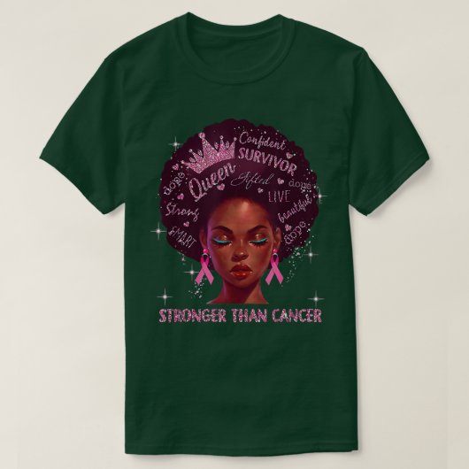 乳癌ピンクより強い黒人女性クイーン Tシャツ (デザイン正面)