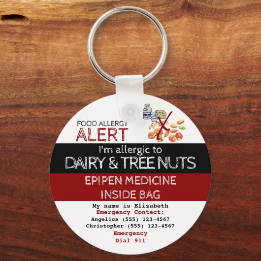 乳製品と木のナッツフードアレルギー薬警告ラベル キーホルダー (正面)