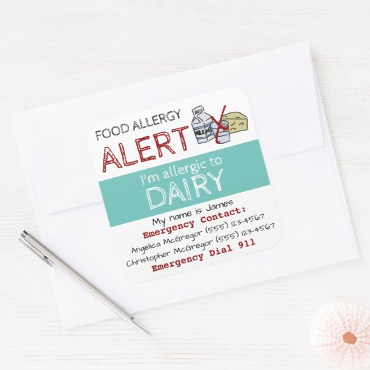 乳製品アレルギーステッカー光ティール（緑がかった色） スクエアシール (封筒)