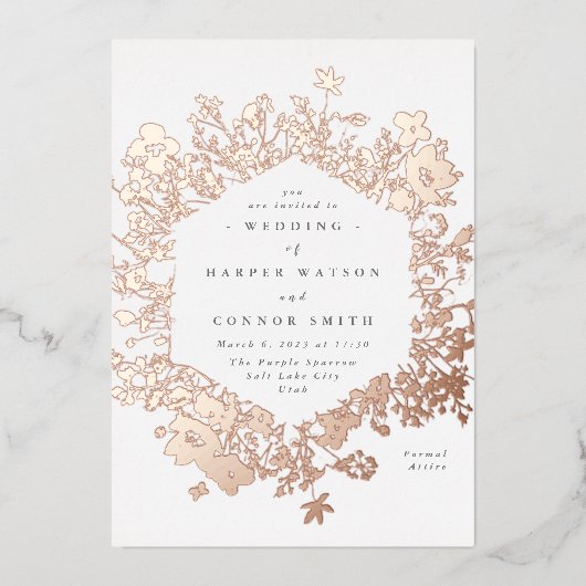 乾エレガント花花模様結婚の実在バラ 箔招待状 (正面)