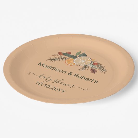 乾モダン冬柑橘系ベビーシャワー ペーパープレート (アングル)