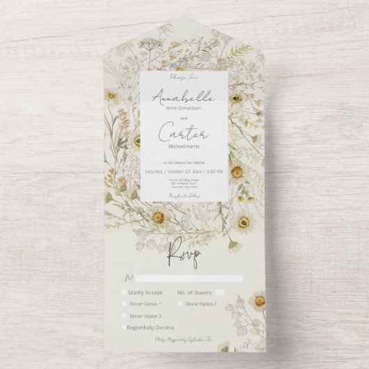 乾モダン素朴デイジーフローラディナー オールインワン招待状 (内側)