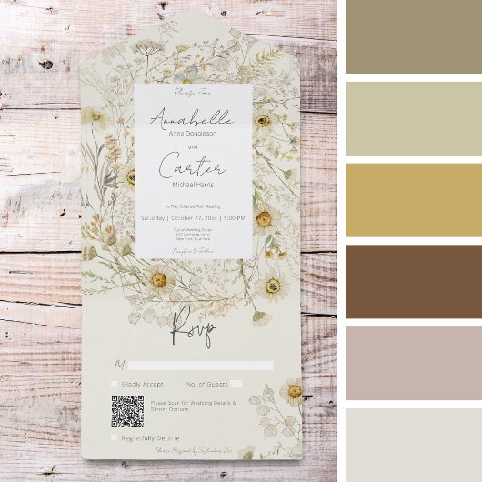 乾モダン素朴乾デイジーフローラQRコード オールインワン招待状