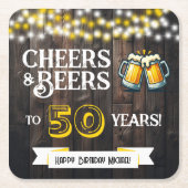 乾杯とビールで50歳の誕生日をお祝いしよう Rustic Birthday スクエアペーパーコースター (正面)