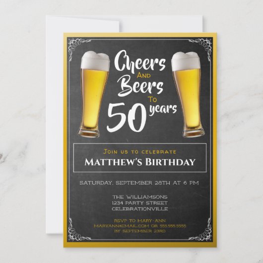 乾杯とビールの誕生日パーティー ブラックとゴールド 招待状 (正面)