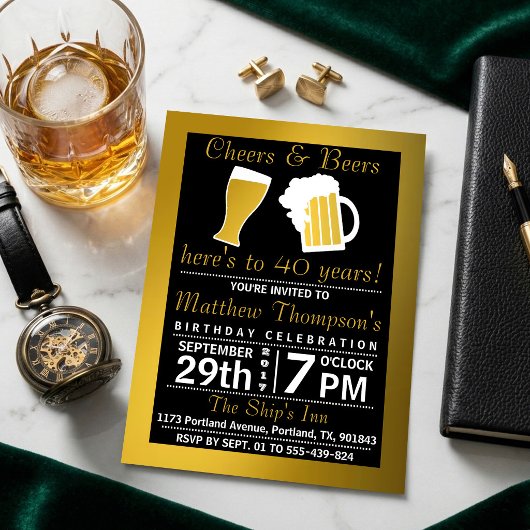 乾杯とビール ブラック&ゴールド 誕生日パーティー 招待状