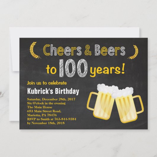 乾杯とビール 100歳の誕生日パーティーへの招待状 招待状 (正面)