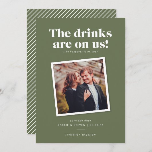 乾杯は私たちに任せて! 面白い結婚式の招待状 セーブザデート (正面/裏面)