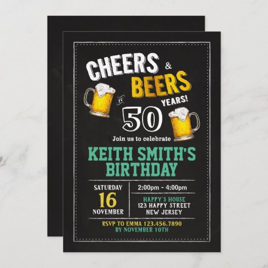 乾杯＆ビアーズ 50歳の誕生日招待状 - どんな年齢でも 招待状 (正面/裏面)