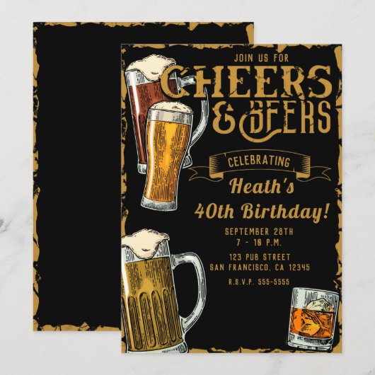 乾杯 ビール ゴールド ブラック パブ バー 誕生日 パーティー 招待状 (正面/裏面)
