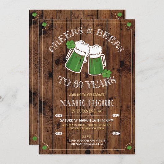 乾杯 ビール 誕生日パーティー 聖パトリックの日 木材 招待状 (正面/裏面)