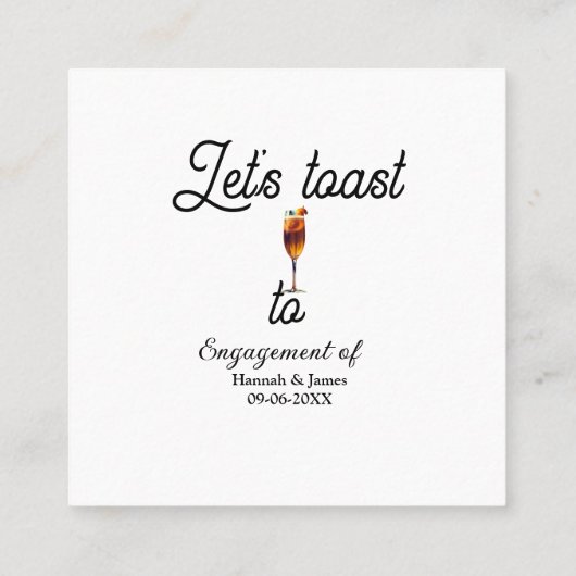 乾杯！婚約パーティーの名前、デートの日、グラスを上げて スクエア名刺 (裏面)
