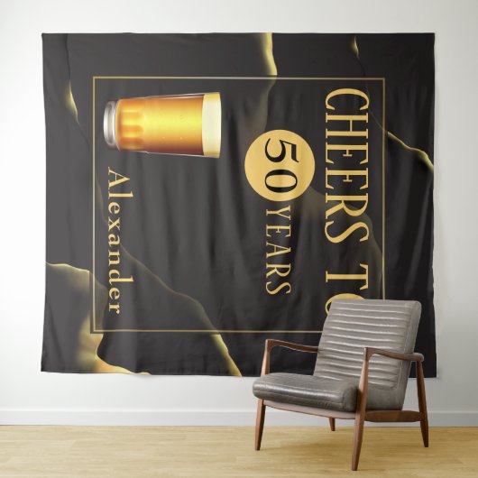 乾杯！50周年おめでとう！男性用ファブリックバースデー タペストリー (インサイチュ(横))