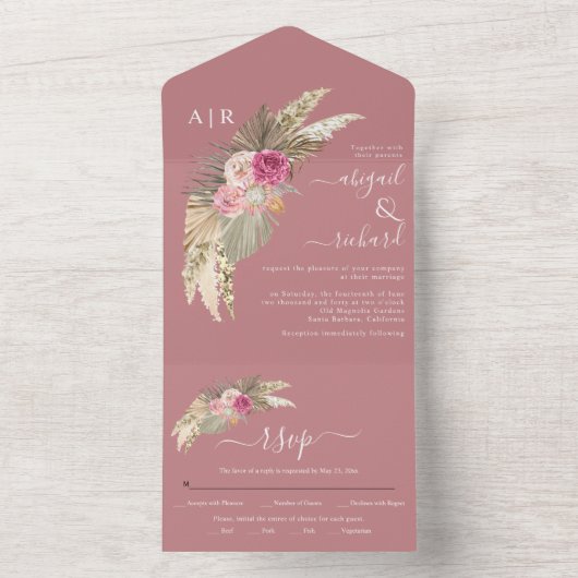 乾燥したパンパス草とヤシの葉のダスティーローズの結婚式 オールインワン招待状 (内側)