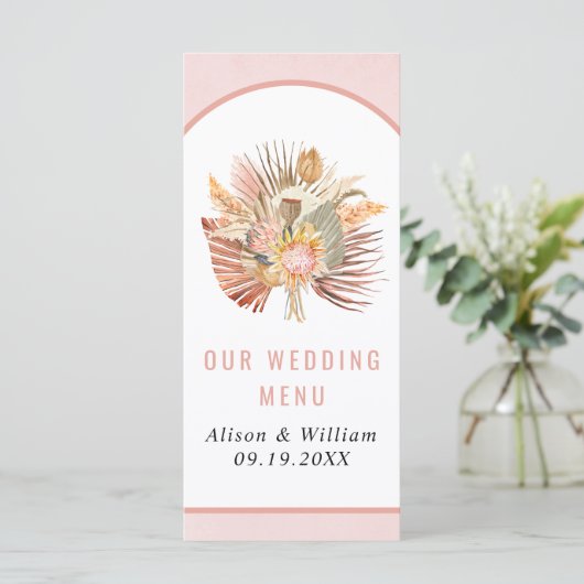 乾燥したパームの草ソフトピンク結婚のメニュー メニュー (スタンド正面)