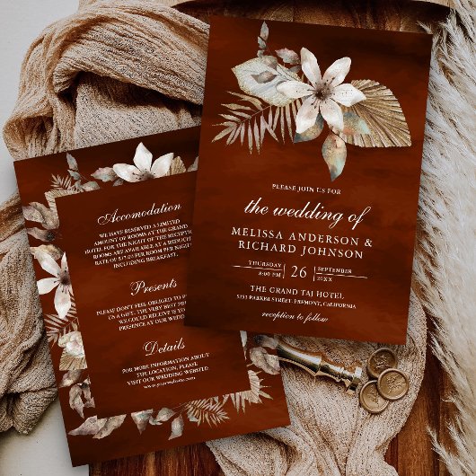 乾燥したパームフローラすべて一つの燃えたオレンジ結婚色 招待状