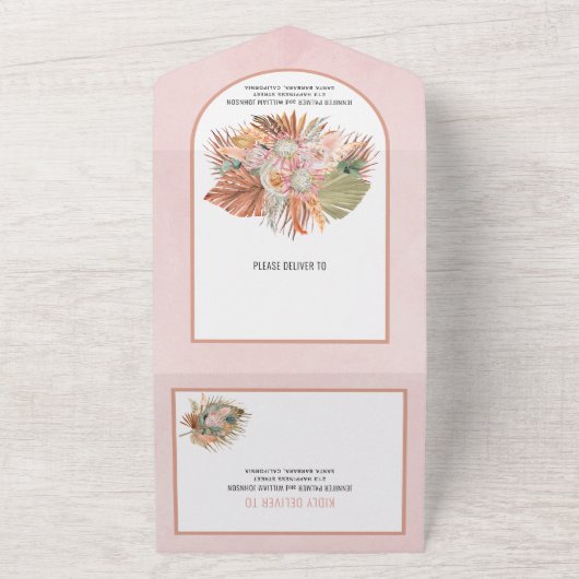 乾燥したヤシとススキのソフトピンク結婚ズ オールインワン招待状 (外側)