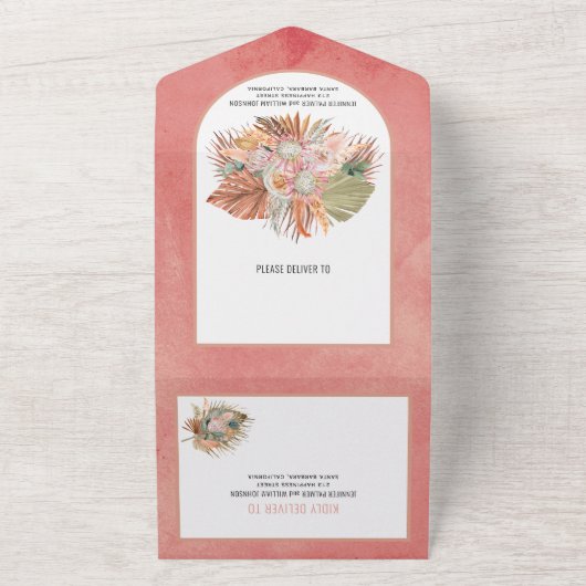 乾燥したヤシとススキ結婚ピンクの全て オールインワン招待状 (外側)