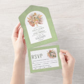 乾燥したヤシとススキ結婚ングリーン オールインワン招待状 (貼ってはがせる)