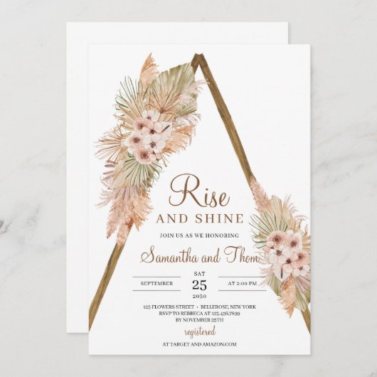 乾燥したヤシの木のアーチパンパスグラスの上昇と輝き 招待状 (正面/裏面)