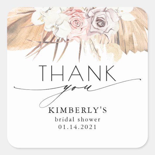 乾燥したヤシの葉と白い蘭の熱帯植物 スクエアシール (正面)