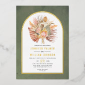 乾燥したヤシの葉、パンパス草のグリーンウェディングリアルゴールド 箔招待状 (正面)