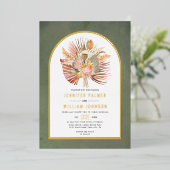 乾燥したヤシの葉、パンパス草のグリーンウェディングリアルゴールド 箔招待状 (立ち正面)