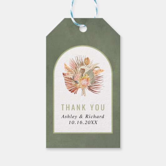 乾燥したヤシ、ススキセージ緑感謝してい結婚の ギフトタグ (正面)