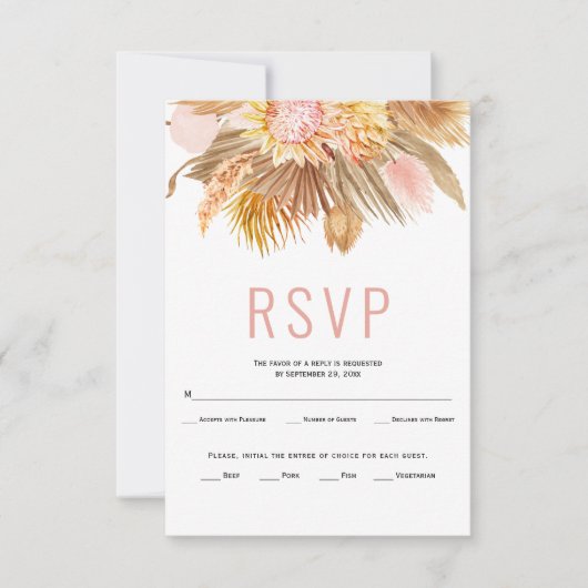 乾燥した手のひら、ススキ柔らかいピンクの結婚式RSVP 出欠カード (正面)