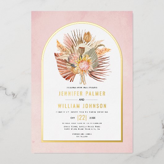 乾燥した手のひら、パンパスグラス結婚ソフトピンク実在ズ 箔招待状 (正面)