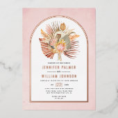 乾燥した手のひら、パンパスグラス結婚ピンクのバラ金ゴールド 箔招待状 (正面)