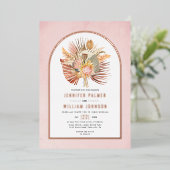 乾燥した手のひら、パンパスグラス結婚ピンクのバラ金ゴールド 箔招待状 (立ち正面)