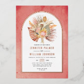 乾燥した手のひら、パンパスグラス結婚ピンクのバラ金ゴールド 箔招待状 (正面)
