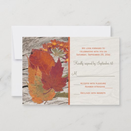 乾燥した秋の葉と花の出欠確認カード 招待状 (裏面)