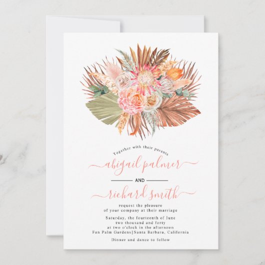 乾燥した花のススキの葉の結婚サンゴ 招待状 (正面)