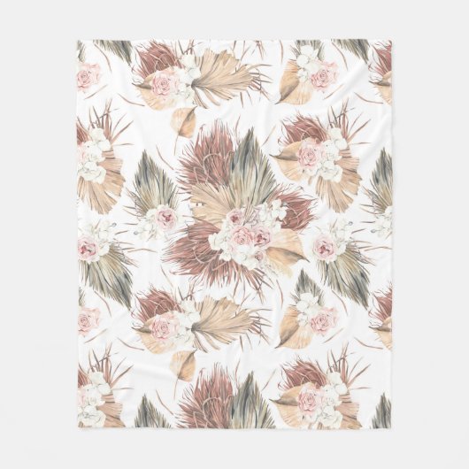 乾燥した離れヤシの葉と熱帯の花 フリースブランケット (正面)