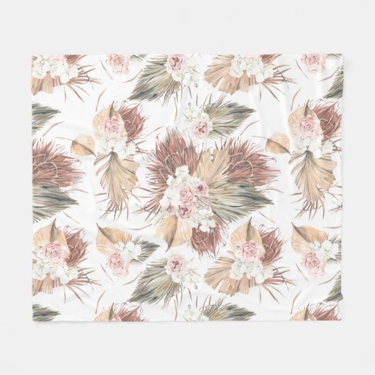 乾燥した離れヤシの葉と熱帯の花 フリースブランケット (正面(横))