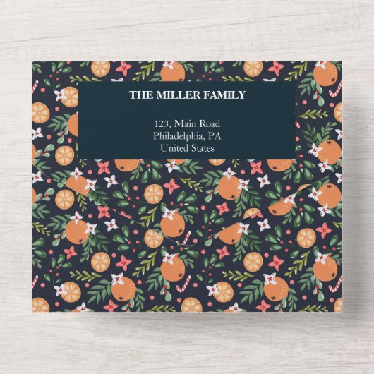 乾燥オレンジのクリスマス4枚の写真をすべて1枚のカードで収める オールインワン招待状 (裏面)