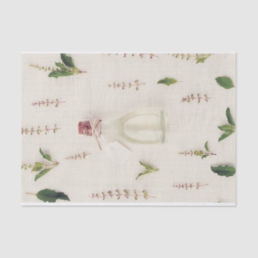 乾燥ハーブのガラスボトルのバーラップのテクスチャ背景 薄葉紙 (正面)