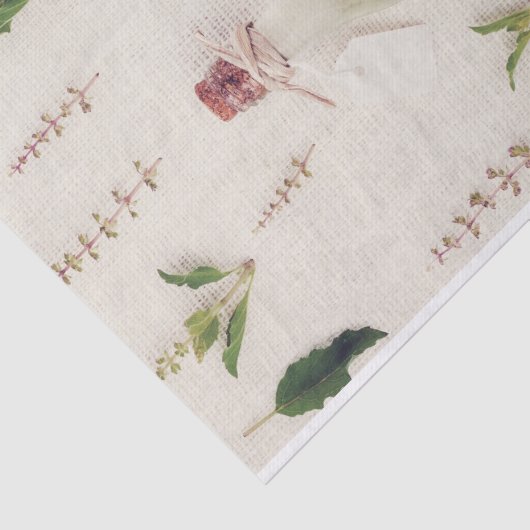 乾燥ハーブのガラスボトルのバーラップのテクスチャ背景 薄葉紙 (詳細)