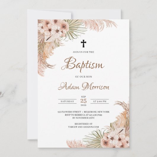 乾燥パームパンパスグラス赤面オーキッドバプテスマ 招待状 (正面)