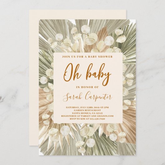 乾燥パームルナリア赤ちゃんシャワー少女の招待 招待状 (正面/裏面)