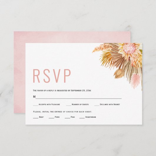 乾燥パーム葉ス、パンパスグラス柔ら結婚いピンク 出欠カード (正面/裏面)