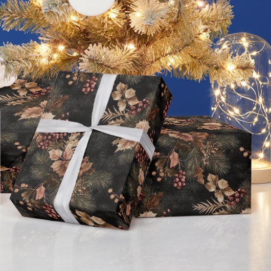 乾燥フローラと金ゴールド色離れ付き ラッピングペーパー (クリスマス)