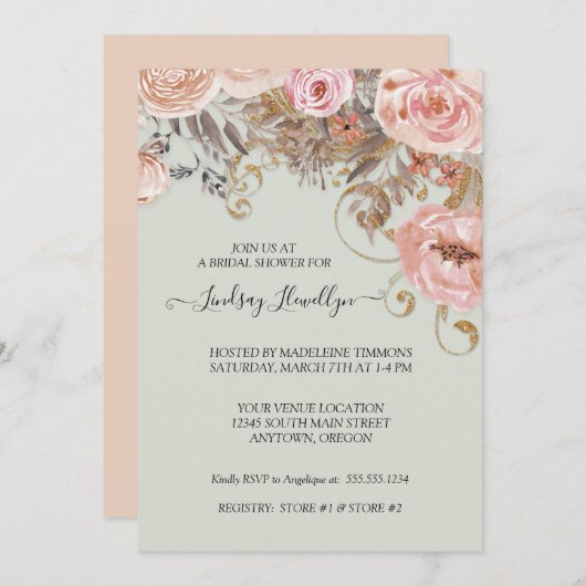 乾燥フローラボホピーチバラ金ゴールドブライダルシャワー 招待状 (正面/裏面)