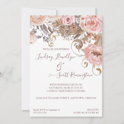 乾燥フローラボホ赤面バラ金ゴールドブライダルシャワー 招待状 (正面)