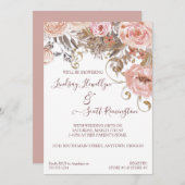 乾燥フローラボホ赤面バラ金ゴールドブライダルシャワー 招待状 (正面/裏面)